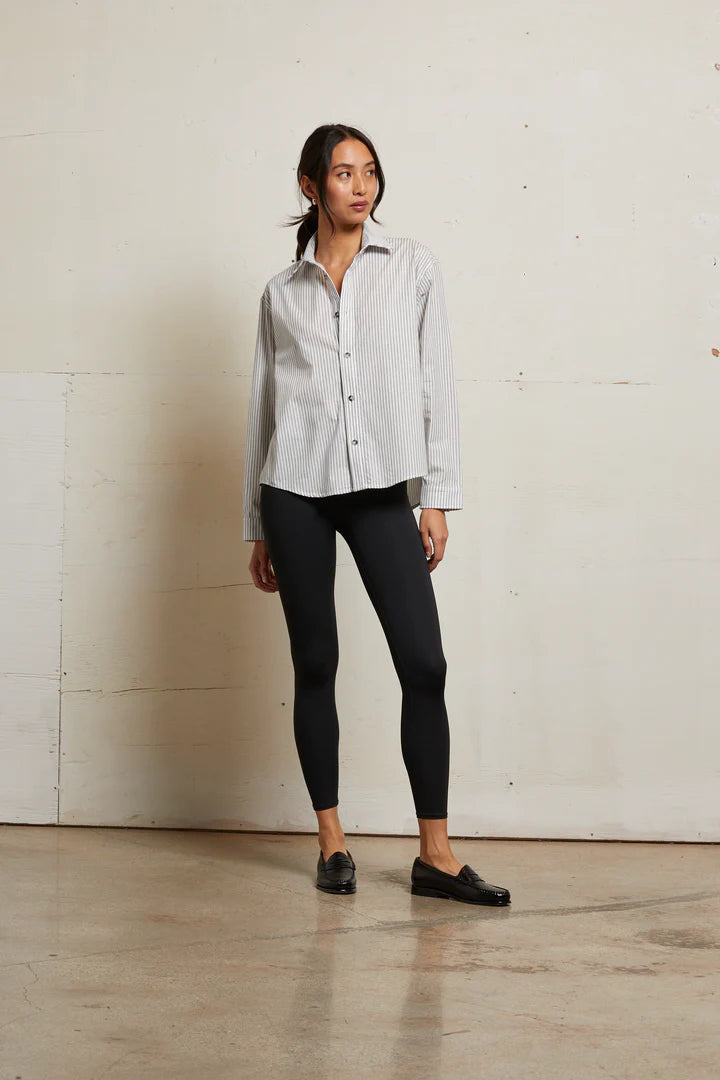 James Chute Cotton Poplin Button Down Ivory/Black Stripe