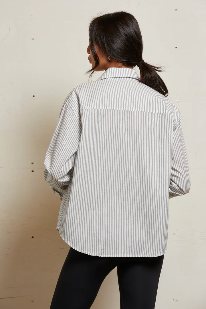 James Chute Cotton Poplin Button Down Ivory/Black Stripe