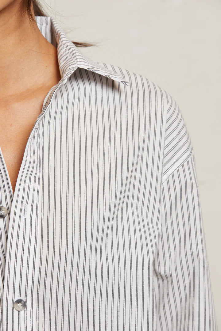 James Chute Cotton Poplin Button Down Ivory/Black Stripe