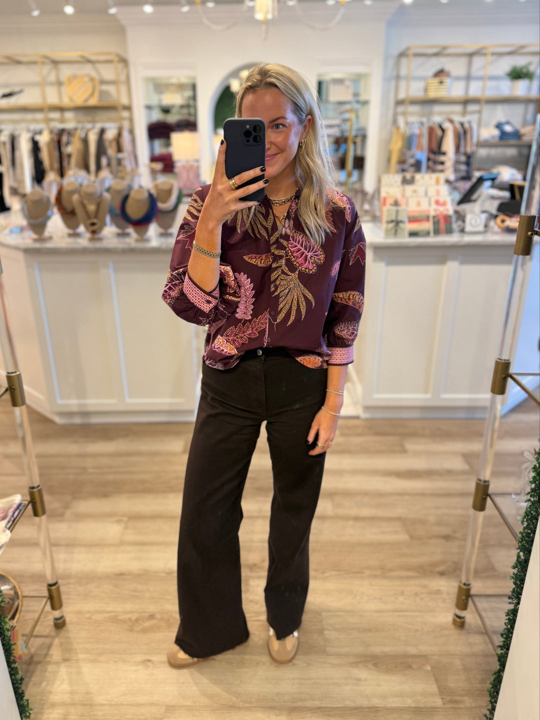 Elsa 3/4 Sleeve Top Wine Floral
