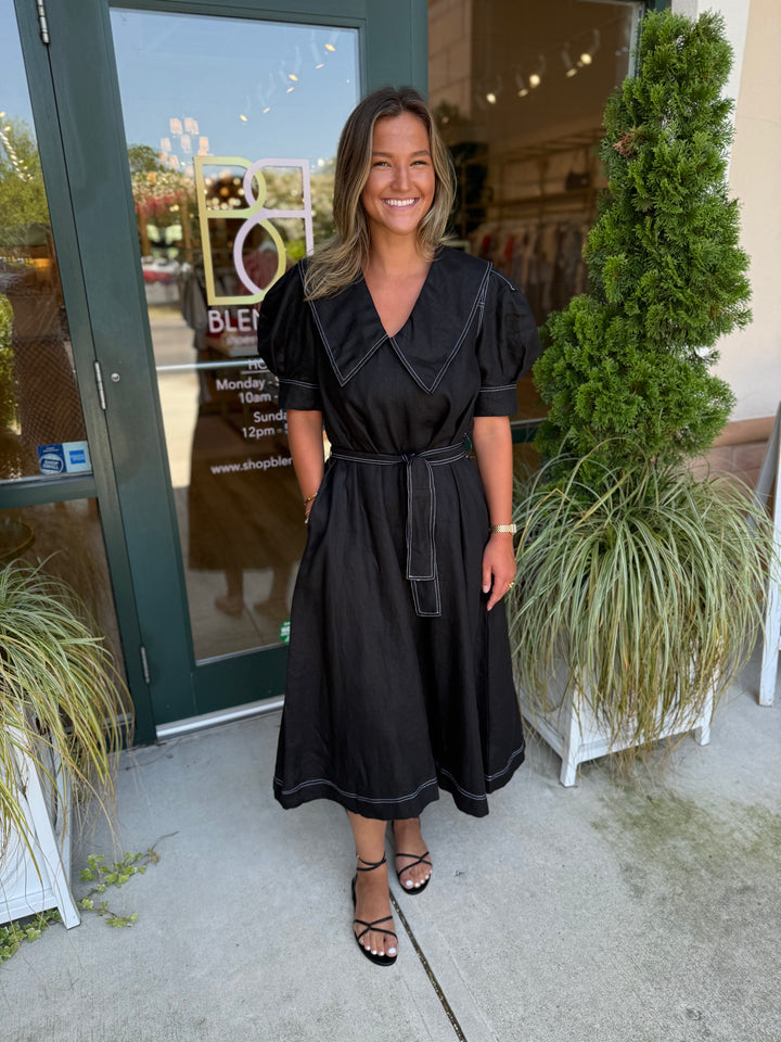 Camilla Dress Black Linen W/ White Stitching