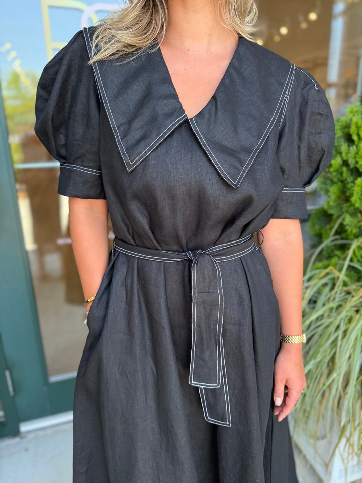 Camilla Dress Black Linen W/ White Stitching