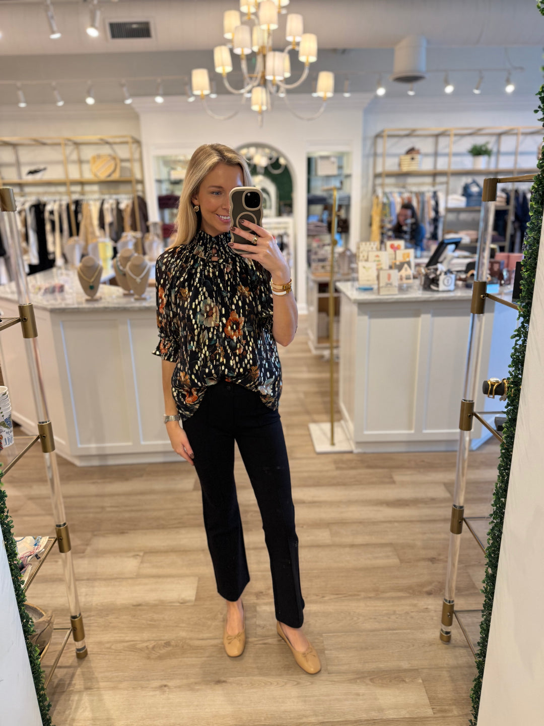 Gathered Button Top Dark Floral