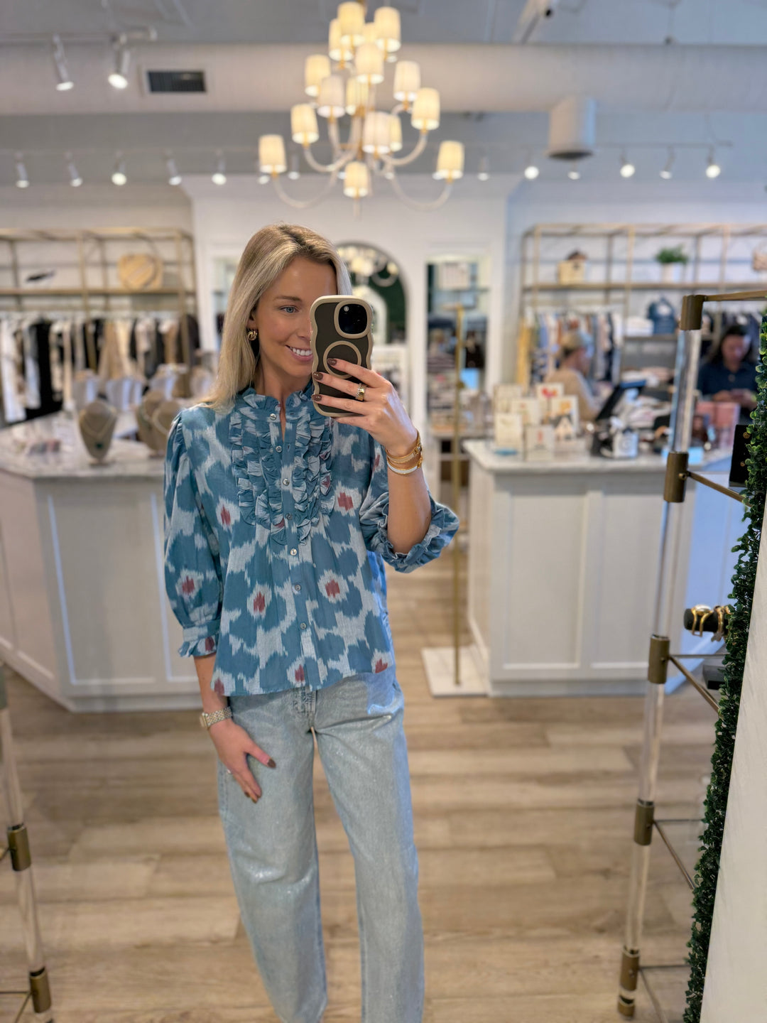 Ruffle Front Button Blouse Jinja Blue
