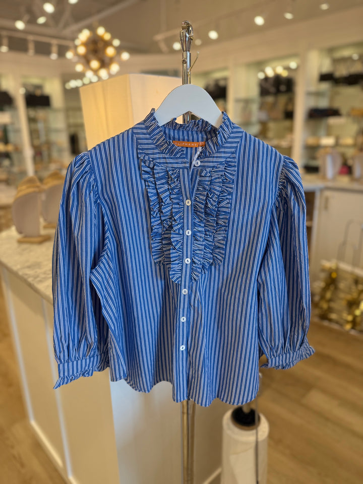 Ruffle Front Button Blouse Devon Blue