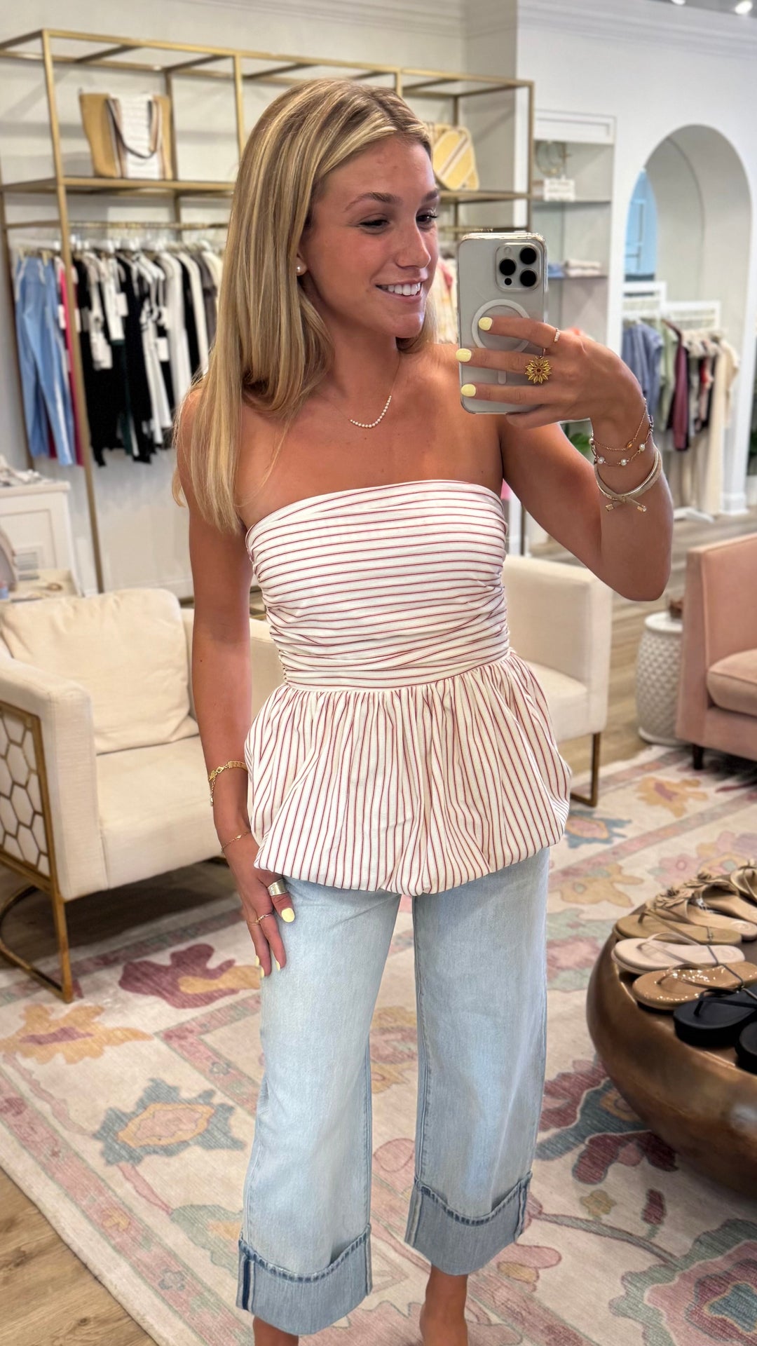 Radiance Bubble Hem Top Red Stripe