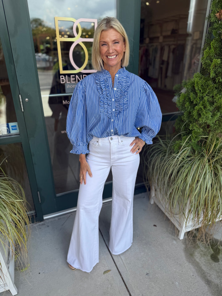 Ruffle Front Button Blouse Devon Blue