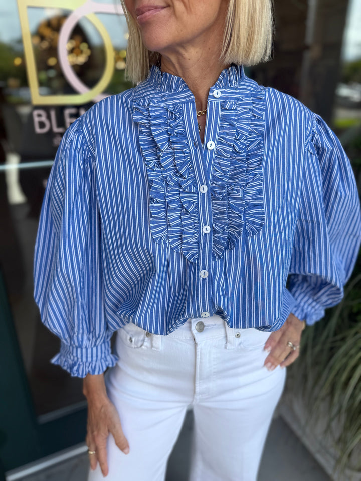 Ruffle Front Button Blouse Devon Blue