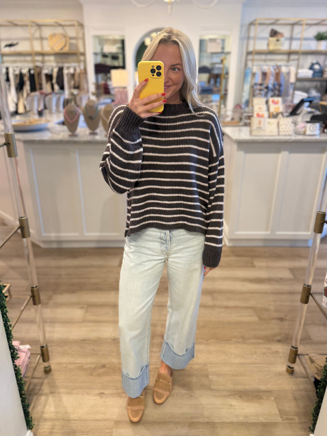 Madeline Striped Crew Chunky Dark Roast/Caprice Pink