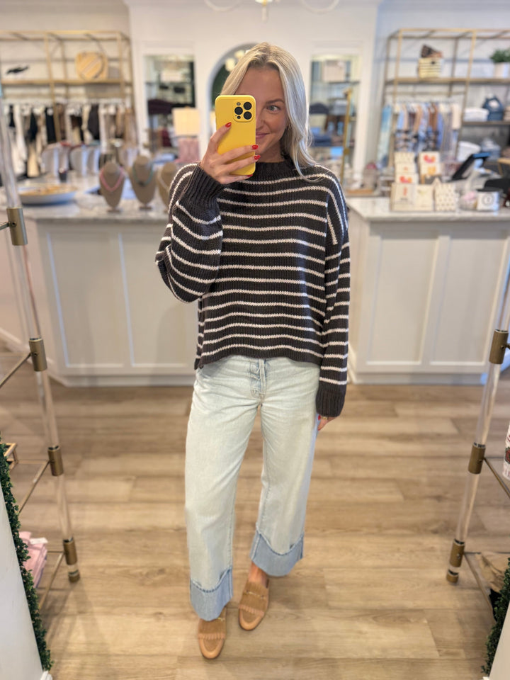 Madeline Striped Crew Chunky Dark Roast/Caprice Pink