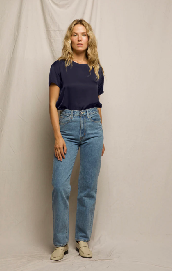Delphine Satin Crew Neck Tee Navy