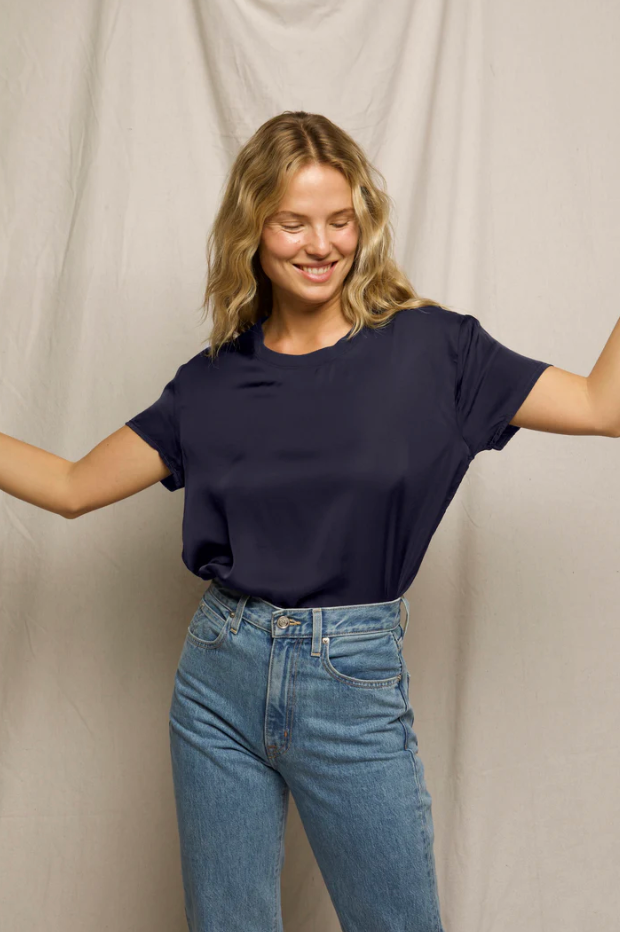 Delphine Satin Crew Neck Tee Navy