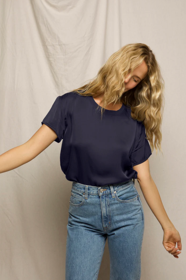 Delphine Satin Crew Neck Tee Navy