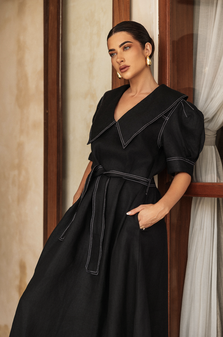 Camilla Dress Black Linen W/ White Stitching