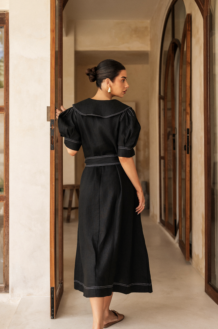 Camilla Dress Black Linen W/ White Stitching