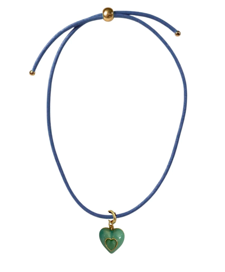 Heart Leather Cord Necklace -Navy - Heart Charm: Turquoise