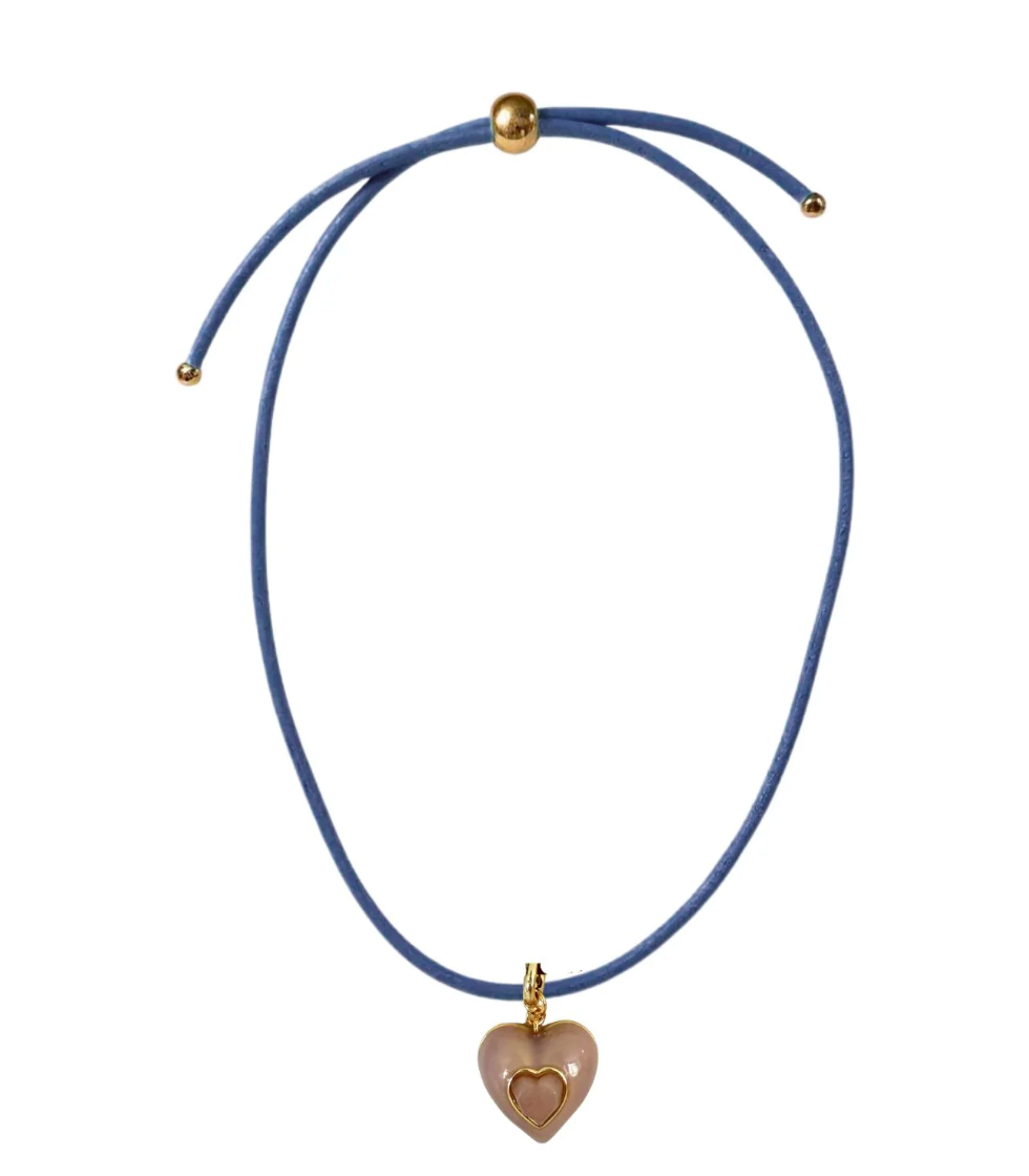 Heart Leather Cord Necklace - Navy - Heart Charm: Rose