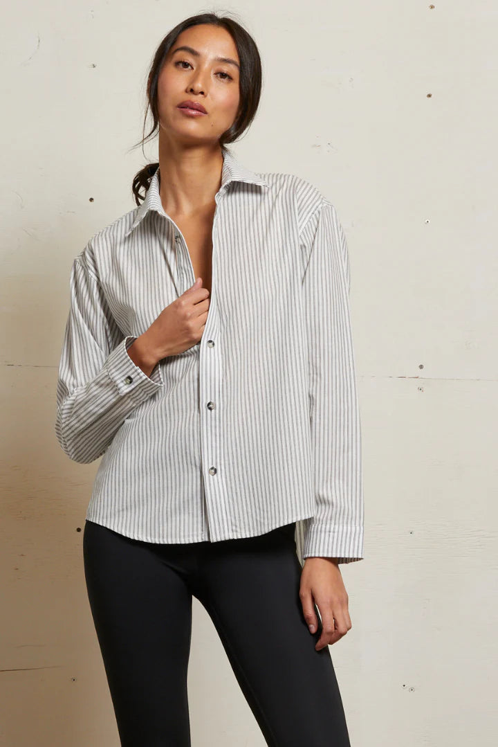 James Chute Cotton Poplin Button Down Ivory/Black Stripe