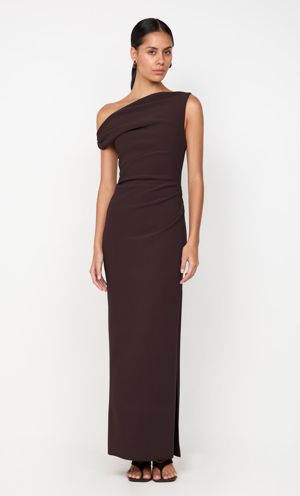dark chocolate maxi dress VENUS ONE-SHOULDER MAXI DRESS IN DARK CHOCOLATE