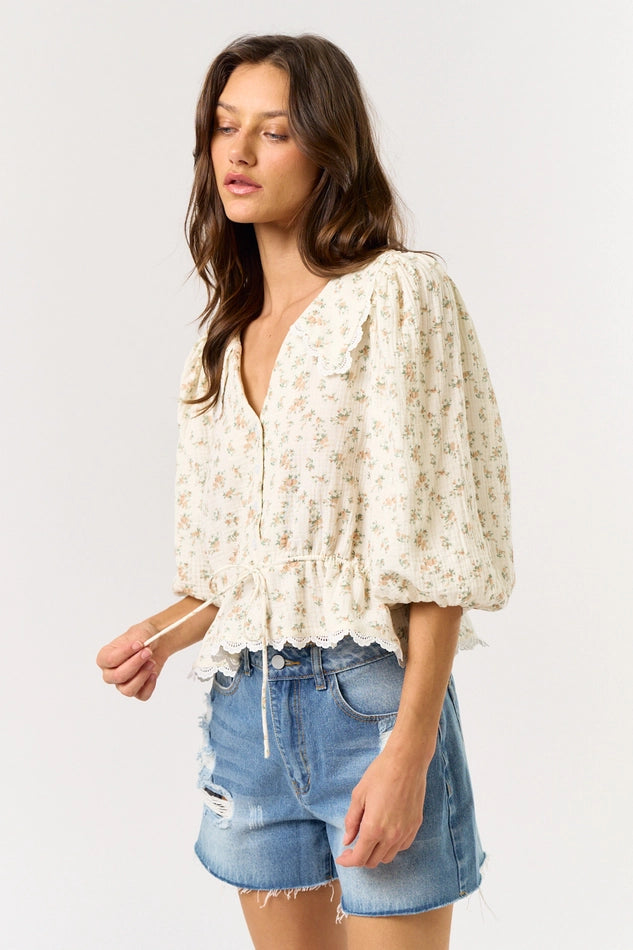 3/4 Puff Sleeve Lace Floral Top