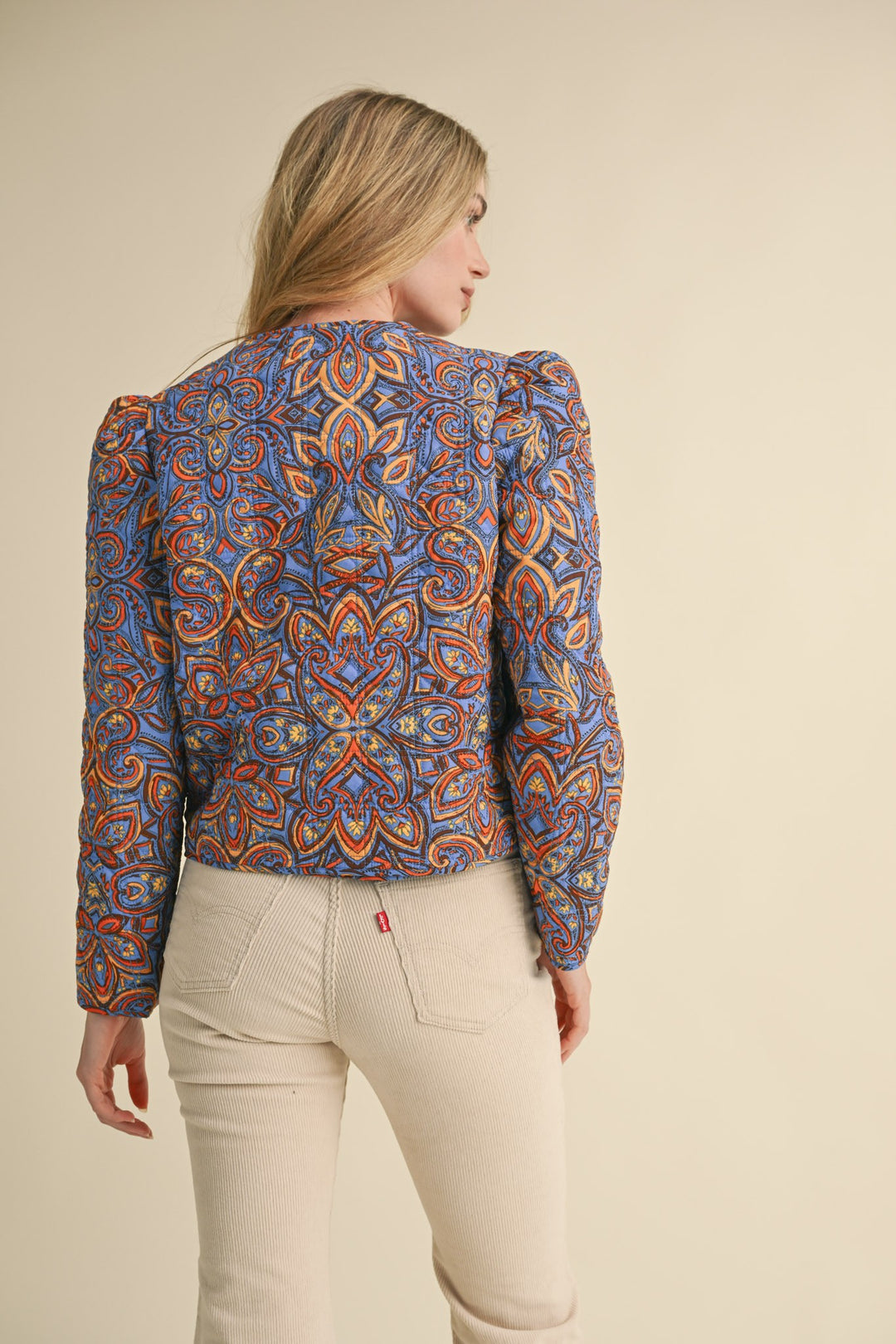 Quilted Print Jacket With Bow Tie Front Steel Blue Brown Multi