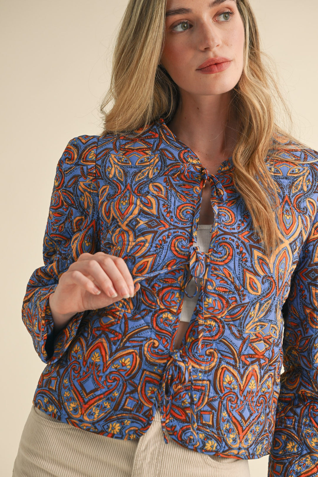 Quilted Print Jacket With Bow Tie Front Steel Blue Brown Multi