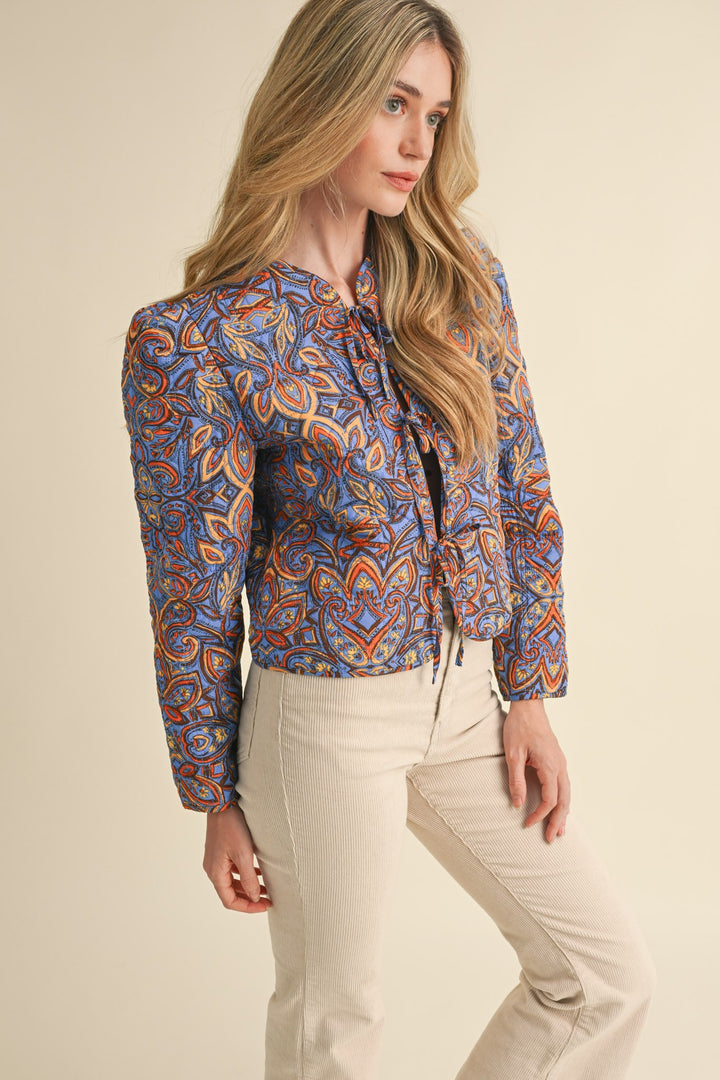 Quilted Print Jacket With Bow Tie Front Steel Blue Brown Multi