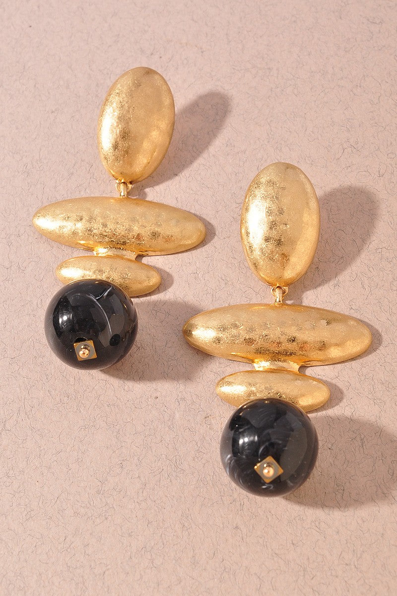 Hammered Gold Marble Bead Statement Earrings Black