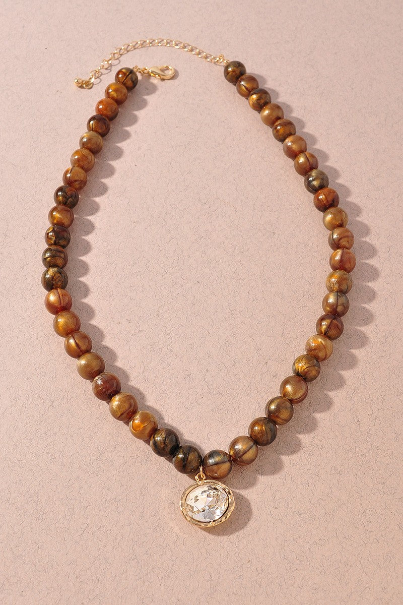 Crystal Charm Beaded Statement Necklace Brown