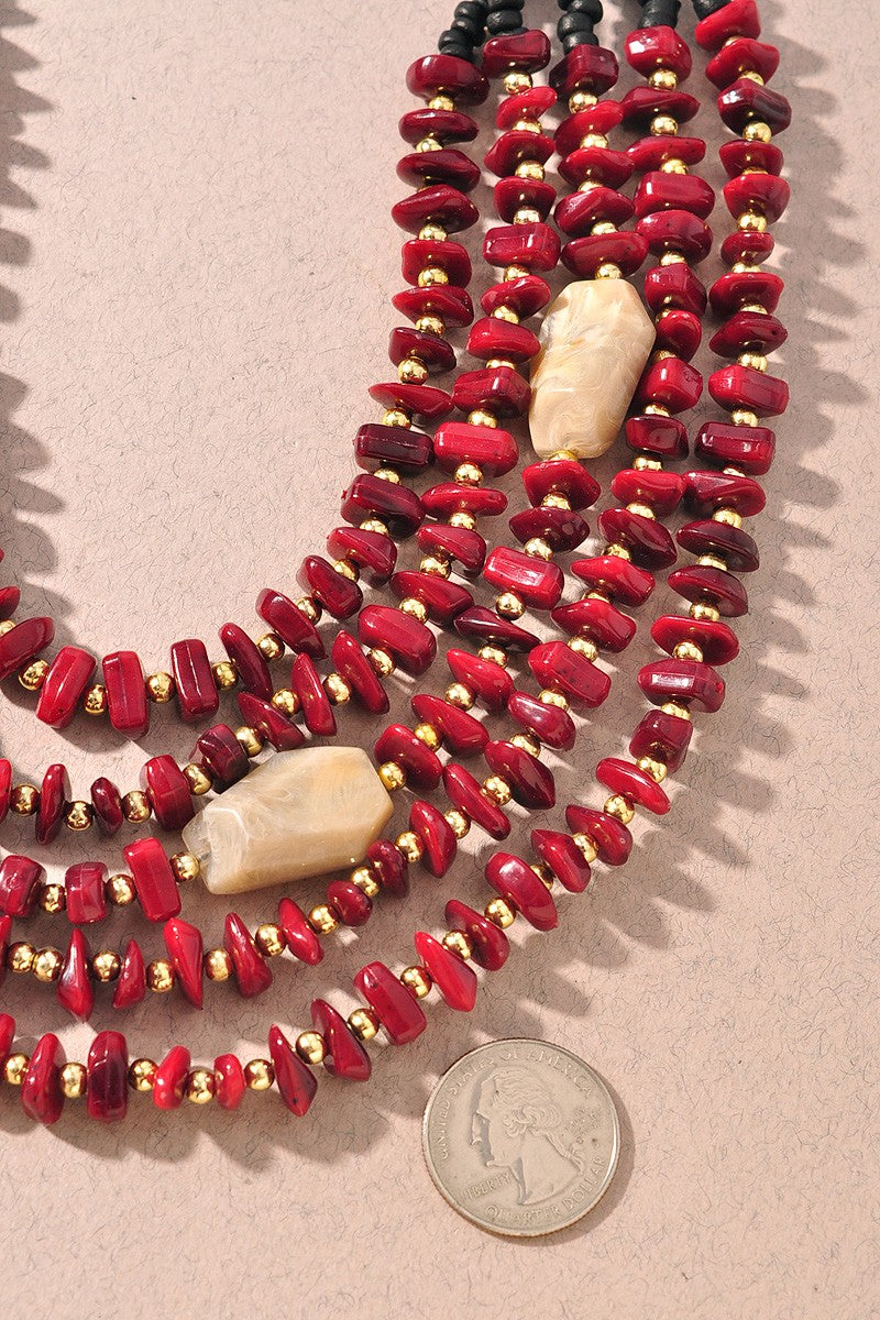 Stone Bead Multi Strand Layered Necklace Burgundy