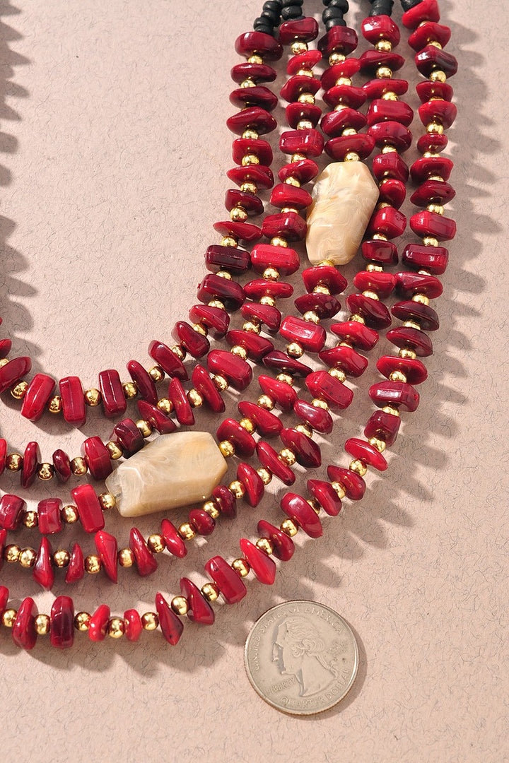 Stone Bead Multi Strand Layered Necklace Burgundy