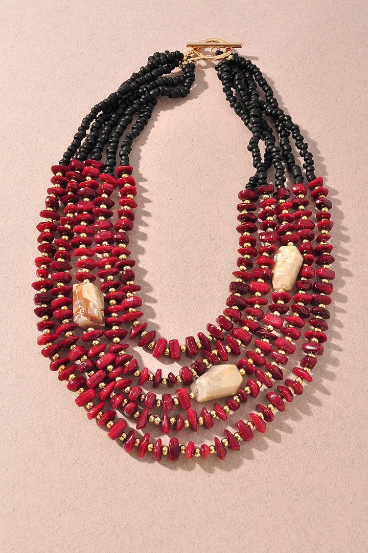 Stone Bead Multi Strand Layered Necklace Burgundy
