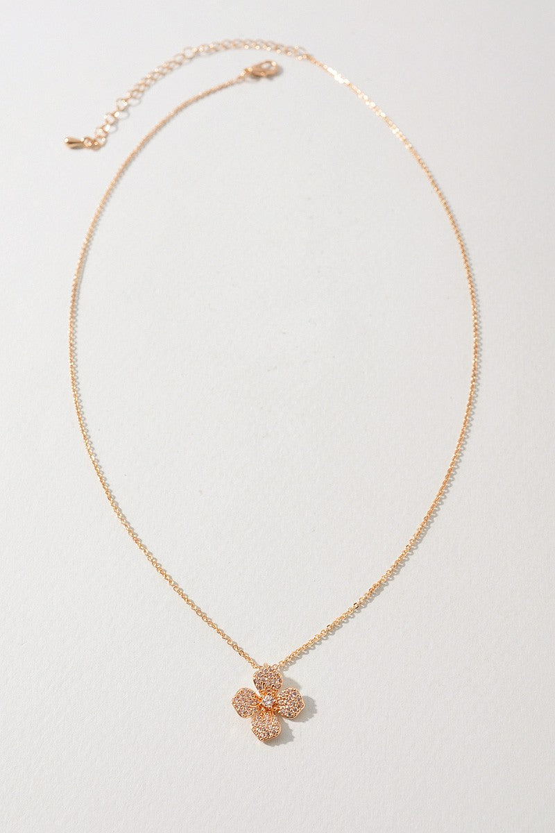 Pavé Crystal Four Petal Flower Pendant Necklace
