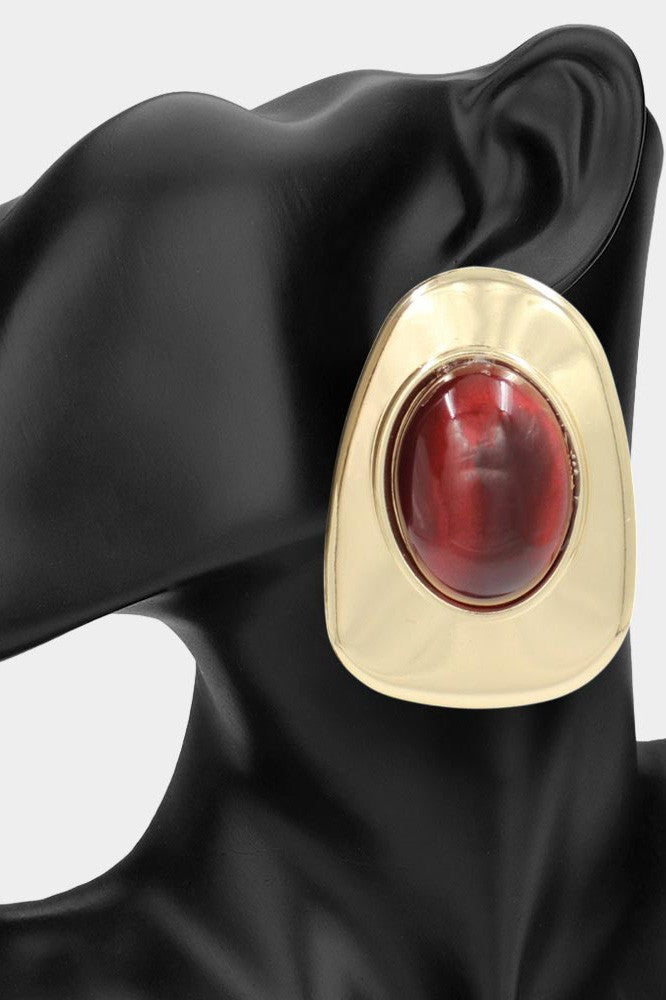 Stone Center Frame Statement Earrings Burgundy