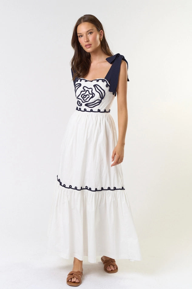 Lillian Embroidered Tie Maxi Dress