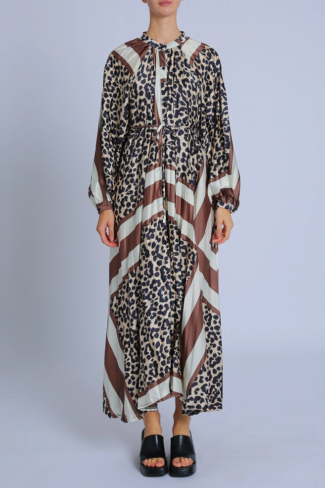 Striped & Leopard Printed Pleats Maxi Dress