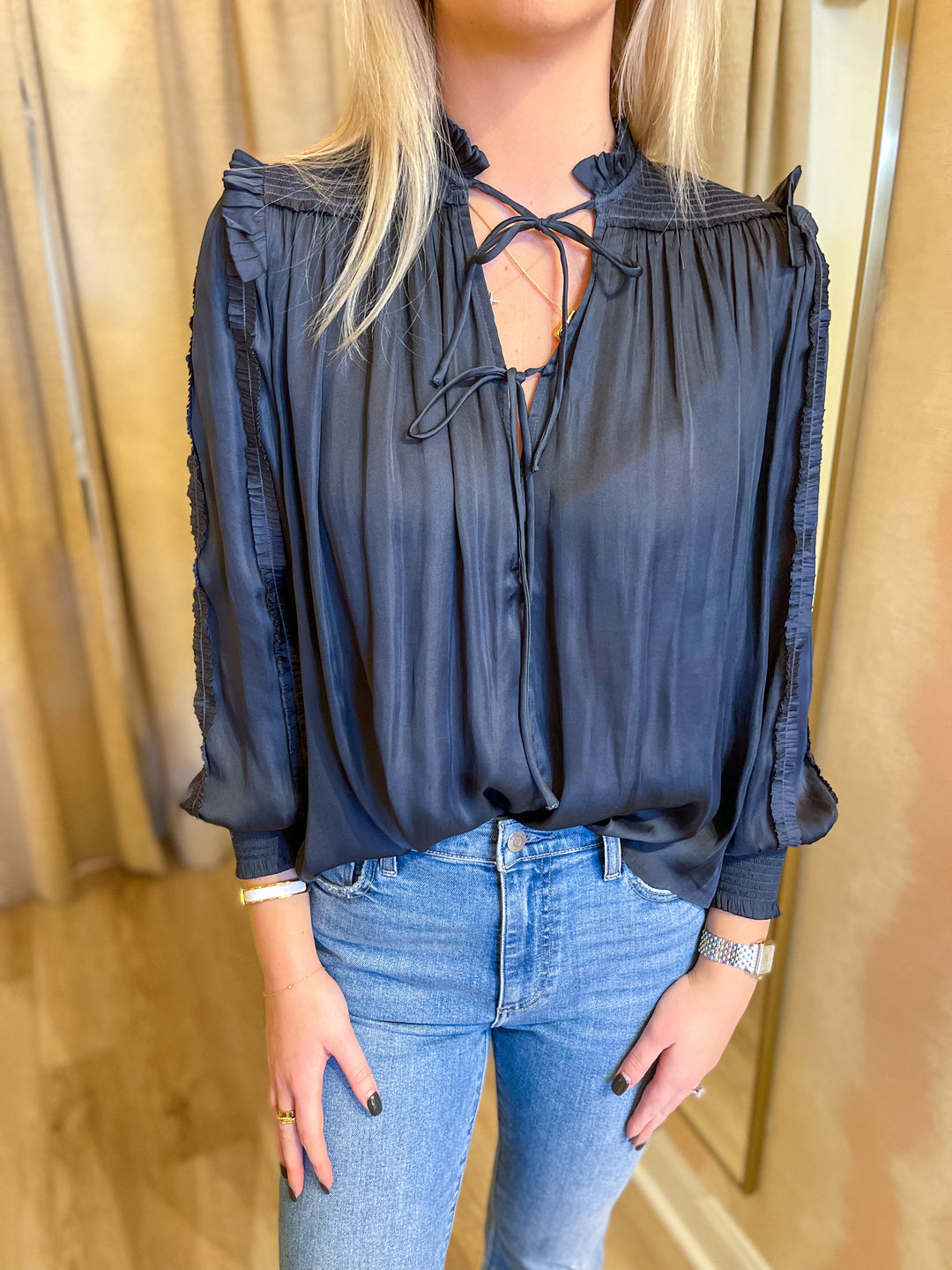 Jennings Ruffle Blouse Navy