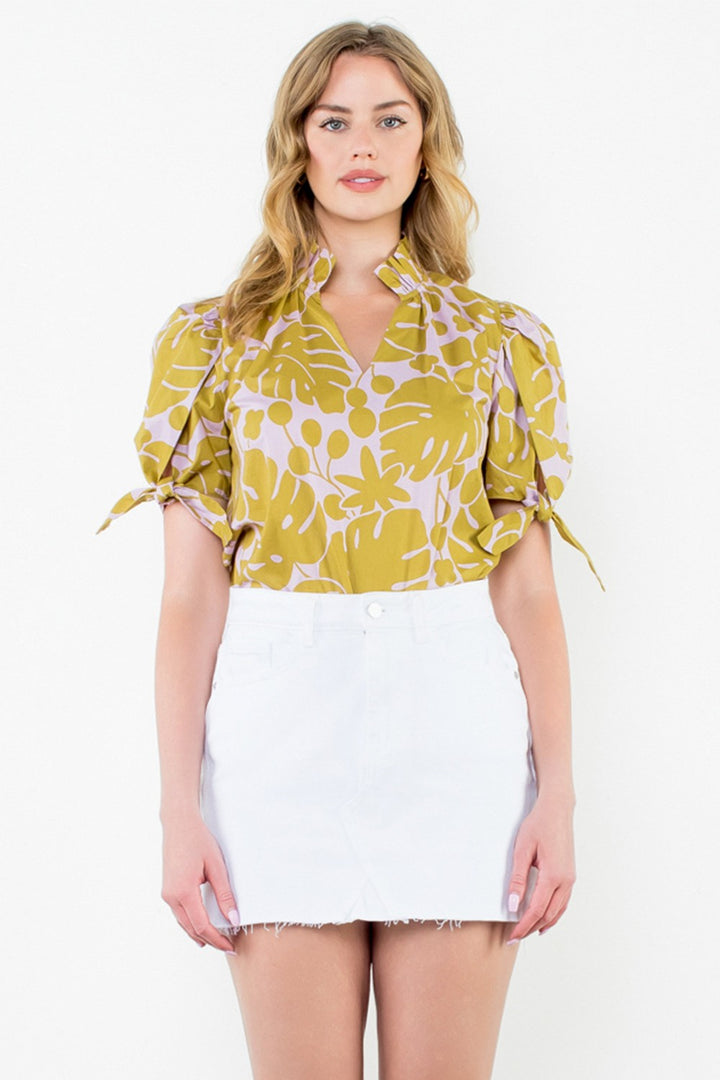 Puff Sleeve Print Top Mustard