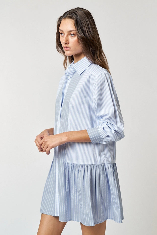 Stripe Button Up Collared Mini Shirt Dress