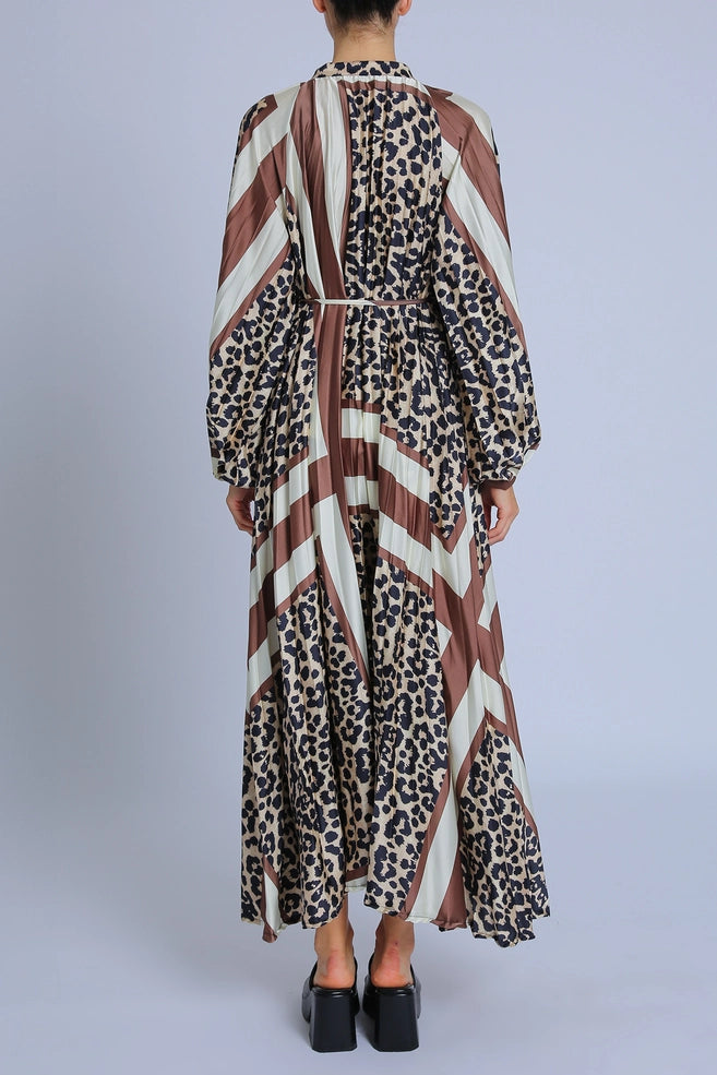 Striped & Leopard Printed Pleats Maxi Dress