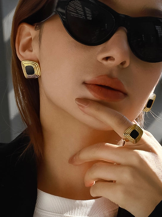 Solenne 18K Gold Non-Tarnish Earrings Black