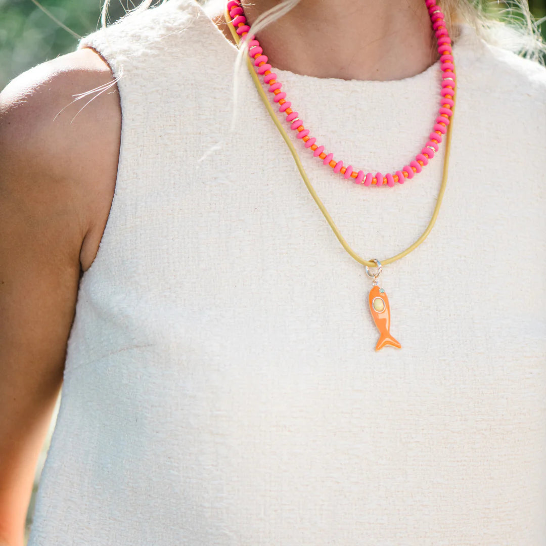 Leather Fish Necklace Powder Blue / Orange