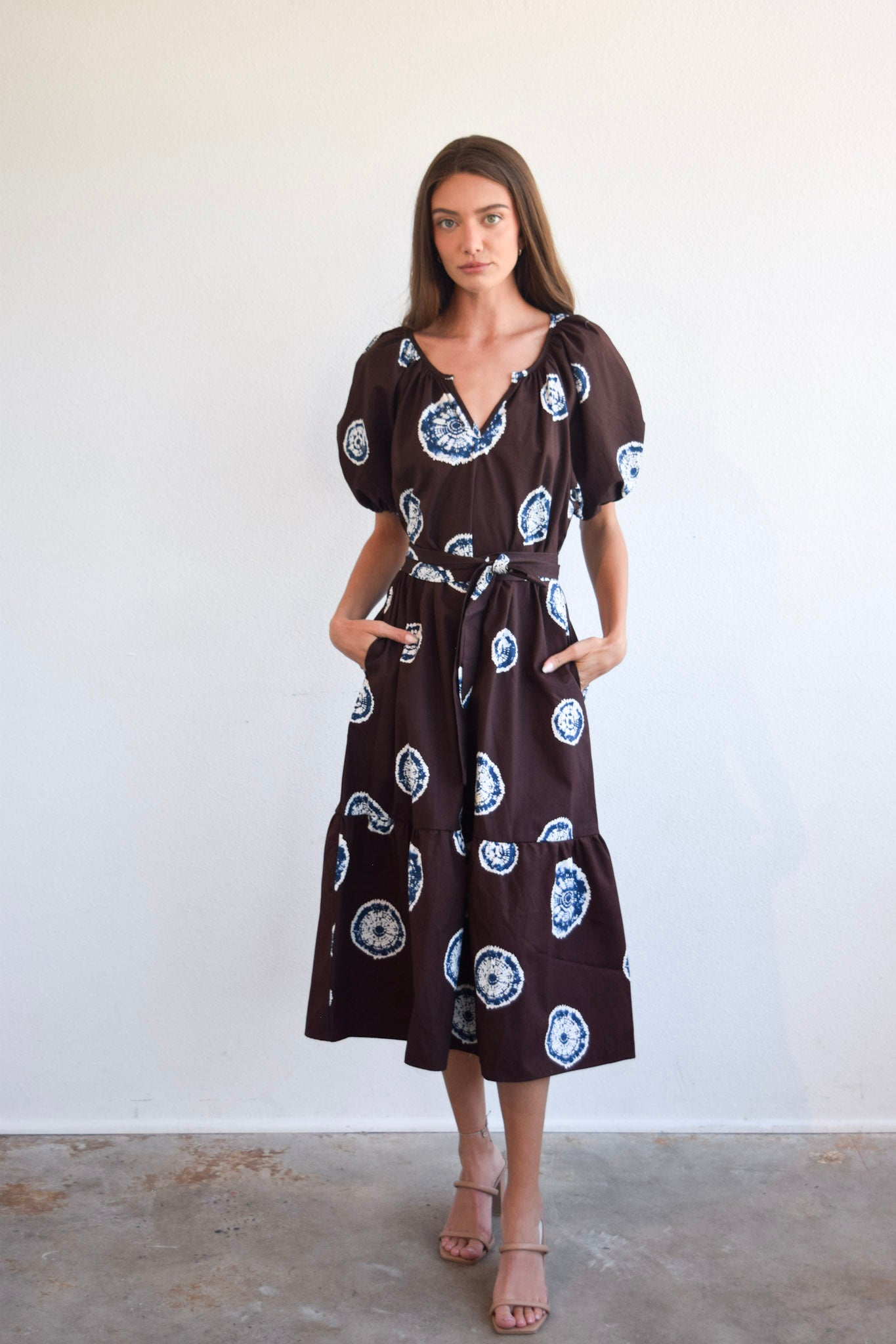 Gathered V-Neck Dress Blue and Brown Tie Dye