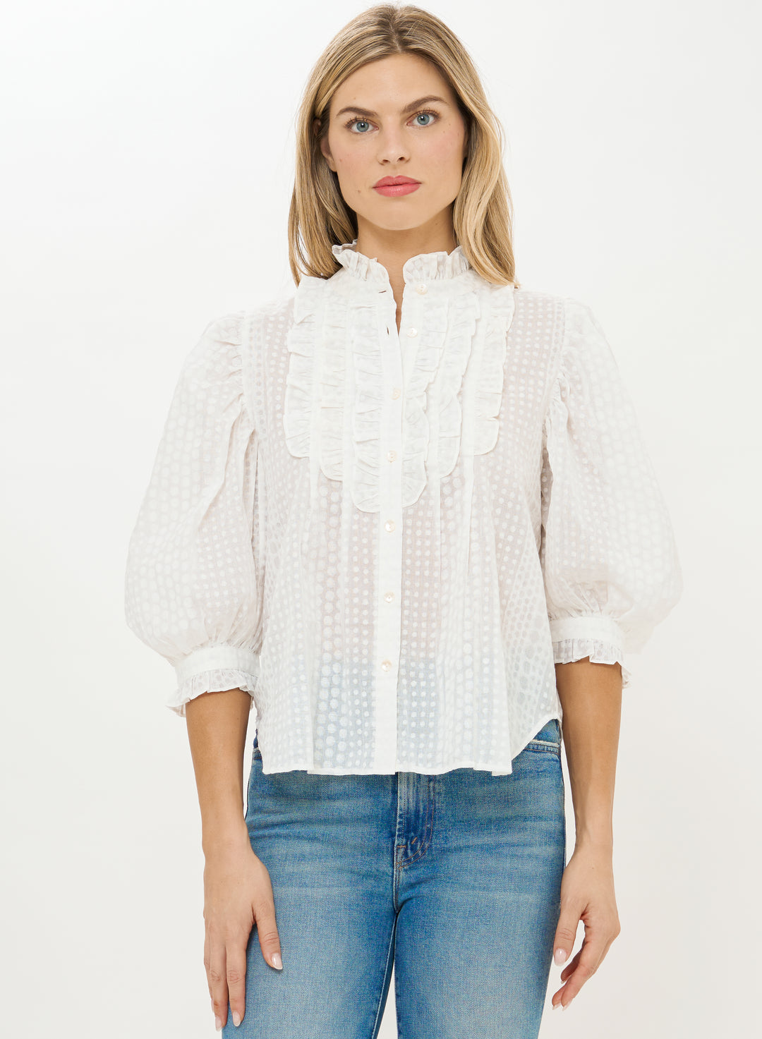 Ruffle Front Button Blouse Domino White