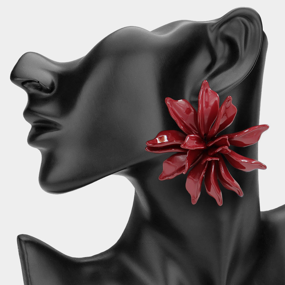 Oversized Floral Statement Earrings Burgundy