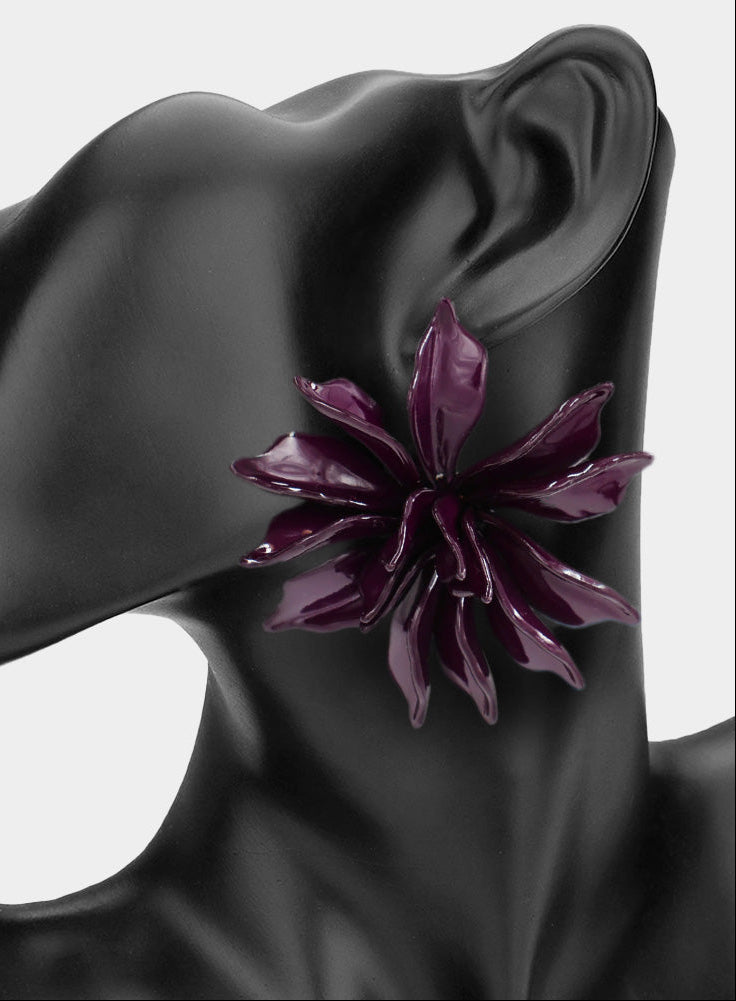 Oversized Floral Statement Earrings Purple