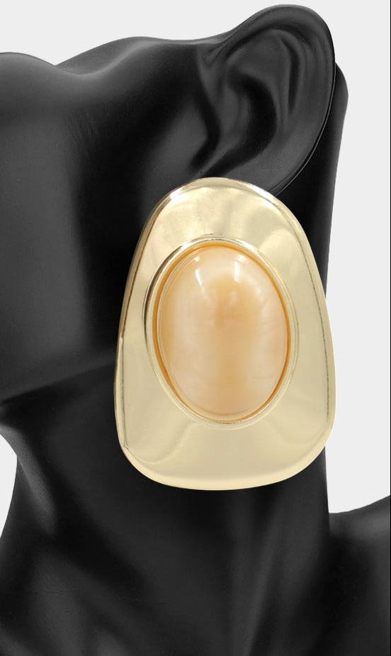 Oval Stone Center Frame Statement Earrings Gold/Beige