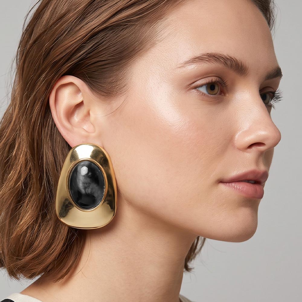 Stone Center Frame Statement Earrings Gold/Black