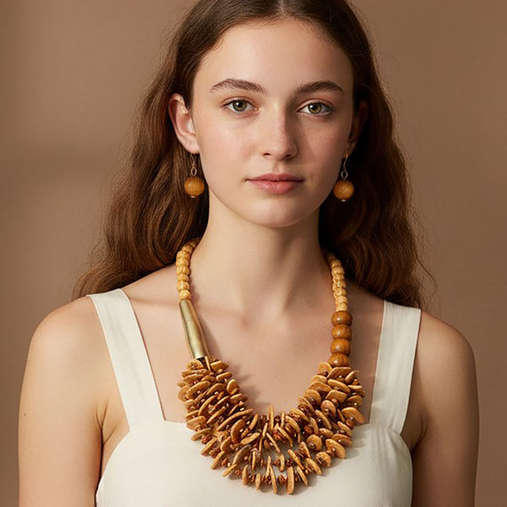 Bold Layered Chip Beaded Statement Necklace Brown