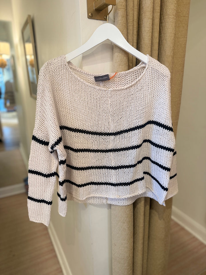 Key West Striped Chunky Crew Cotton Almond Butter/Black